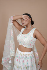 White Georgette Flower Print Crop-top With  Fancy blouse Moti & Hand Work