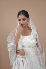 White Georgette Flower Print Crop-top With  Fancy blouse Moti & Hand Work