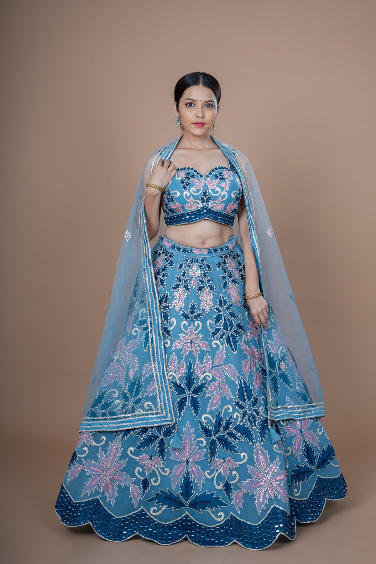 Pigeon Blue Net Crop-top With Peaches Work