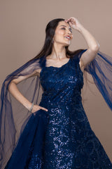 Navy Blue Net Gown With Sequence Work