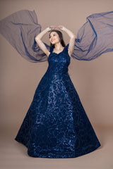 Navy Blue Net Gown With Sequence Work