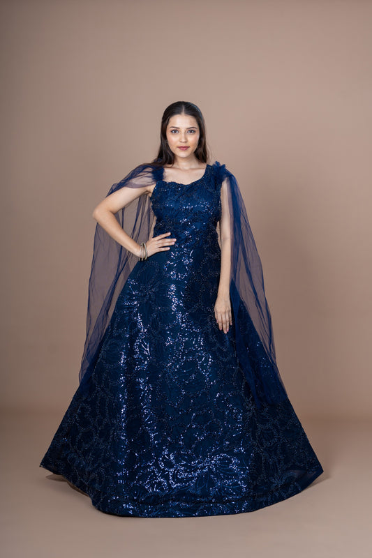 Navy Blue Net Gown With Sequence Work