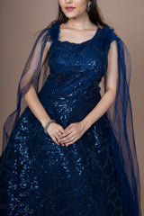 Navy Blue Net Gown With Sequence Work
