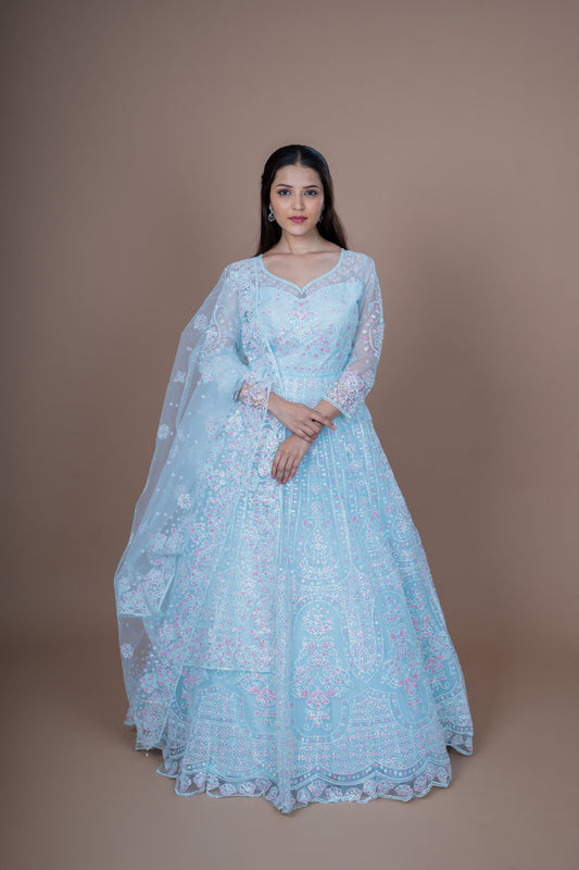 Sky Blue Net Gown With Jaal Work