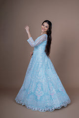Sky Blue Net Gown With Jaal Work