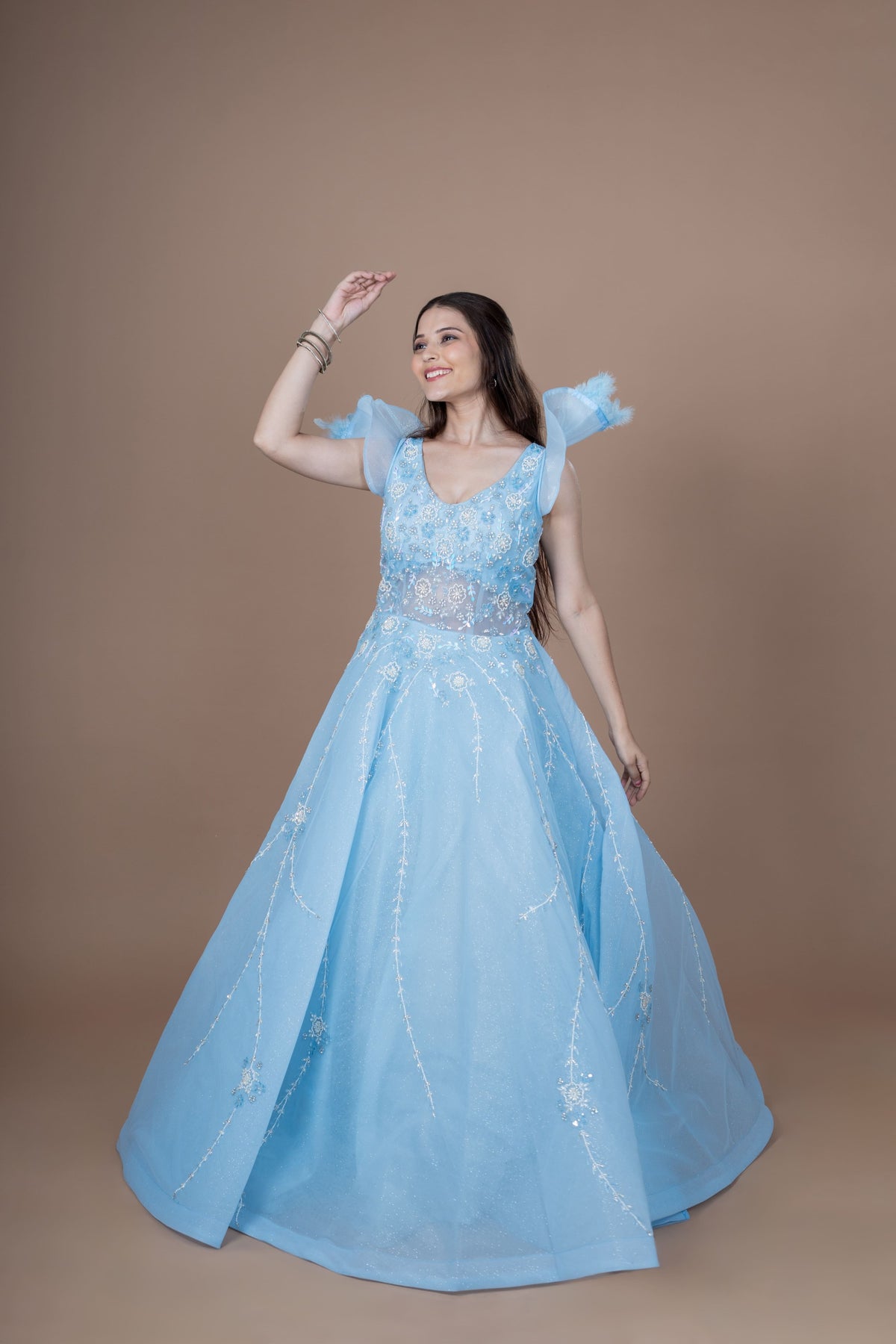 Blue Net Gown With Moti Hand Work