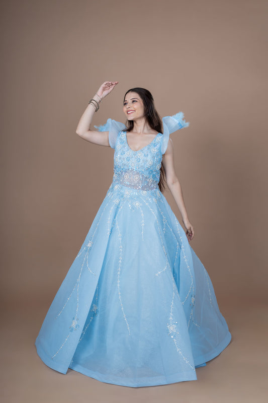 Blue Net Gown With Moti Hand Work