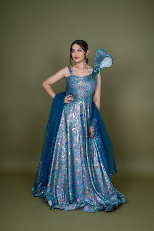 Blue Lycra Western Gown With Digital Print