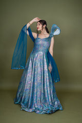 Blue Lycra Western Gown With Digital Print