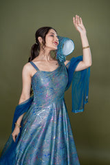 Blue Lycra Western Gown With Digital Print