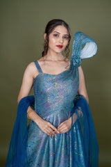 Blue Lycra Western Gown With Digital Print