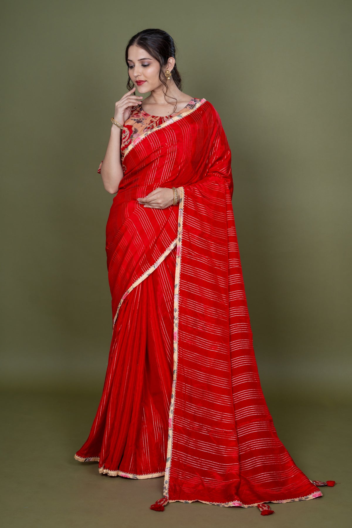 Red Pure Silk Saree With Lehriya Print
