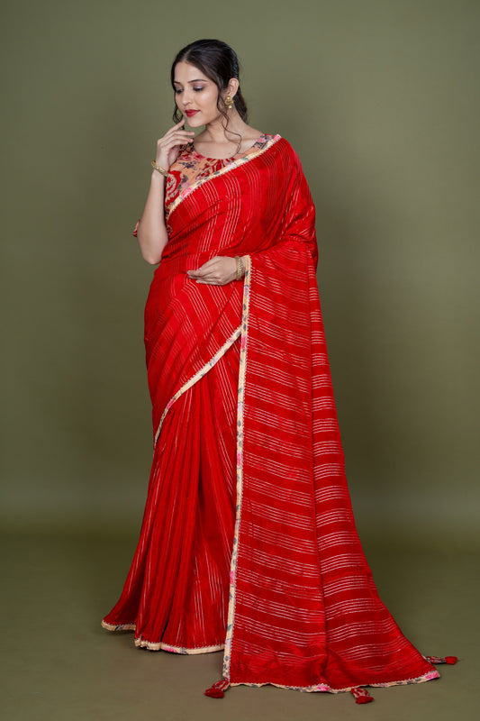 Red Pure Silk Saree With Lehriya Print