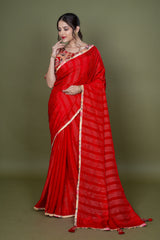 Red Pure Silk Saree With Lehriya Print