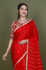 Red Pure Silk Saree With Lehriya Print