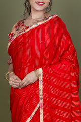 Red Pure Silk Saree With Lehriya Print