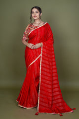 Red Pure Silk Saree With Lehriya Print
