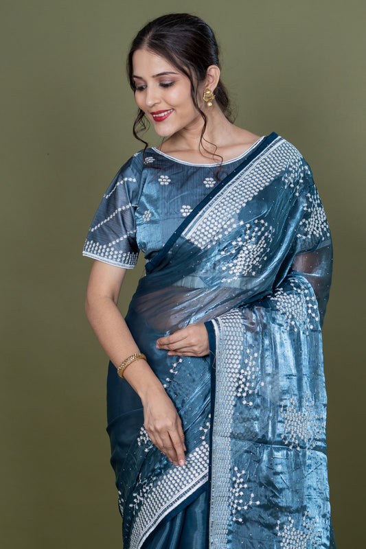 Teal Blue Simar Silk Saree With Lakhnavi Work