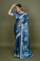 Teal Blue Simar Silk Saree With Lakhnavi Work