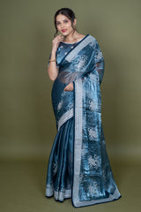 Teal Blue Simar Silk Saree With Lakhnavi Work