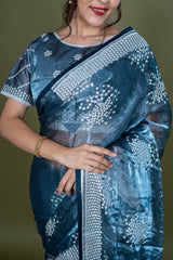 Teal Blue Simar Silk Saree With Lakhnavi Work