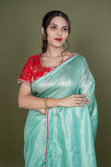 Pista Green Jari Cotton Saree With Banarasi Blouse