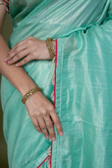 Pista Green Jari Cotton Saree With Banarasi Blouse