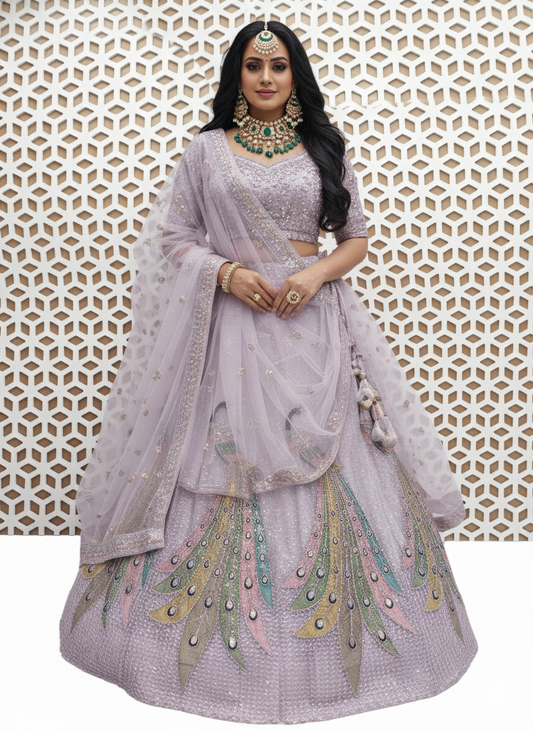 Arctic Blue Peacock Sequence Work Net Lehenga – Elegant Wedding & Party Wear Lehenga Choli