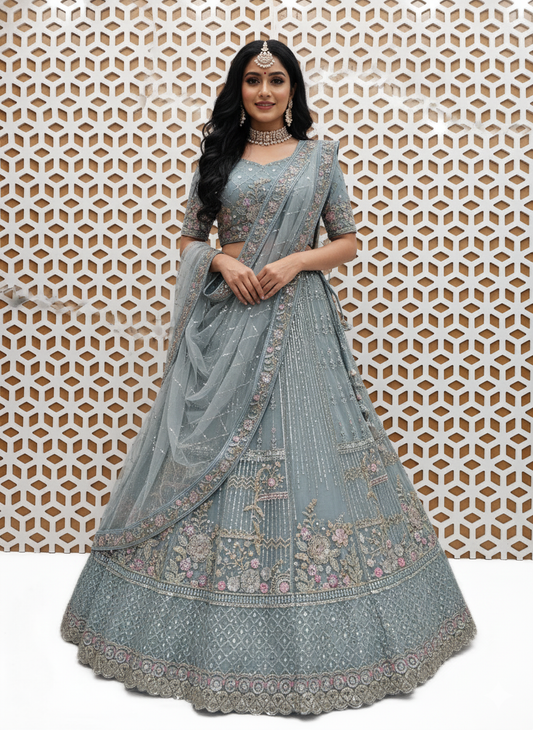 Violet Sequence Nature Design Net Lehenga