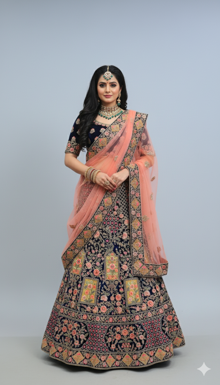 Royal Blue Velvet Lehenga With Embroidery Work
