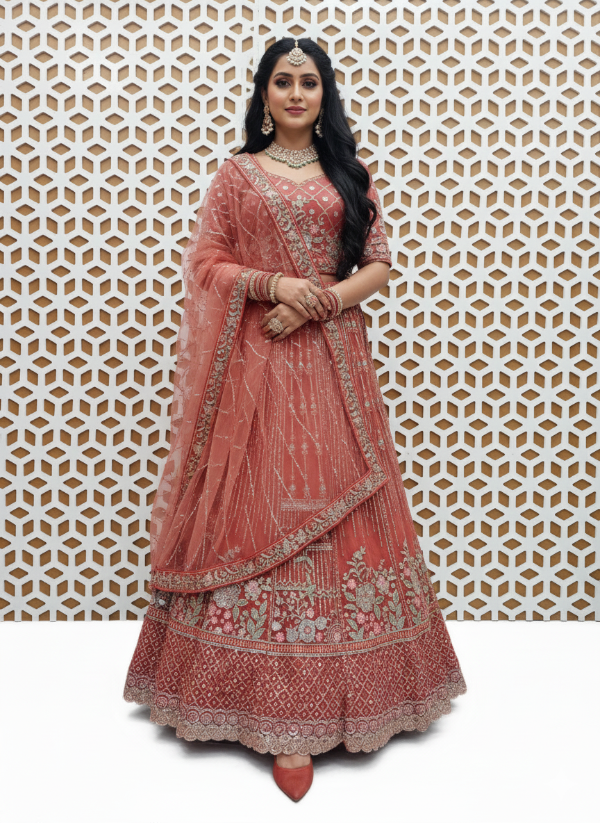 Orange Flower Design Sequence Work with Net Lehenga