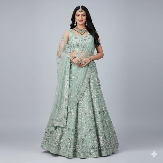 Teal Smoke Sea Green Embroidery Sequence Work Net Lehenga – Elegant Wedding & Party Wear Lehenga Choli