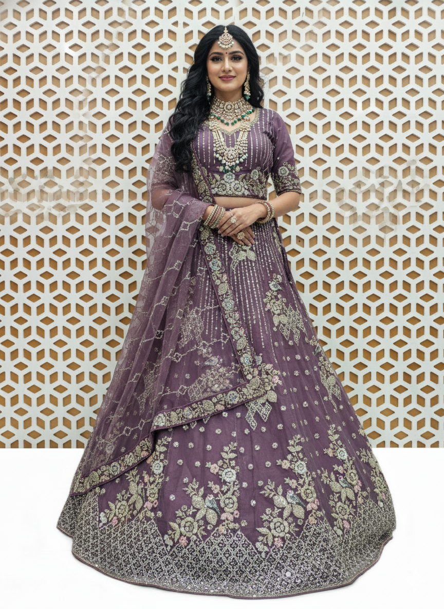 Violet Sequence Nature Design Net Lehenga