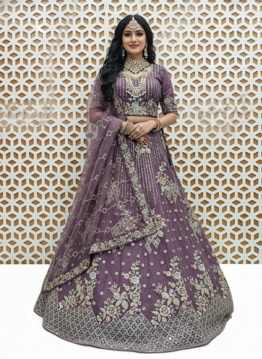 Violet Sequence Nature Design Net Lehenga