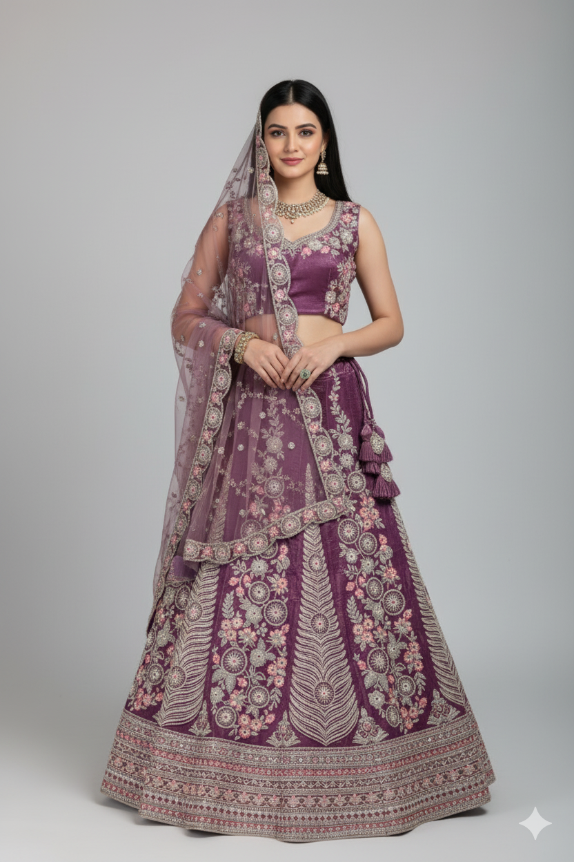 Purple Silk Lehenga with Embroidery and Moti Detailing
