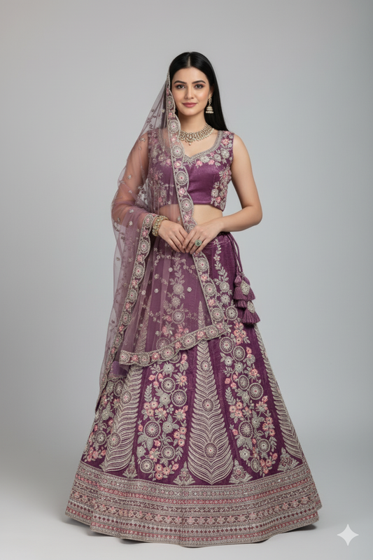 Purple Silk Lehenga with Embroidery and Moti Detailing