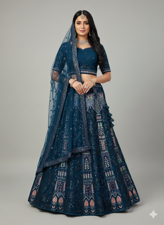 Royal Blue thread Sequence work Net lehenga