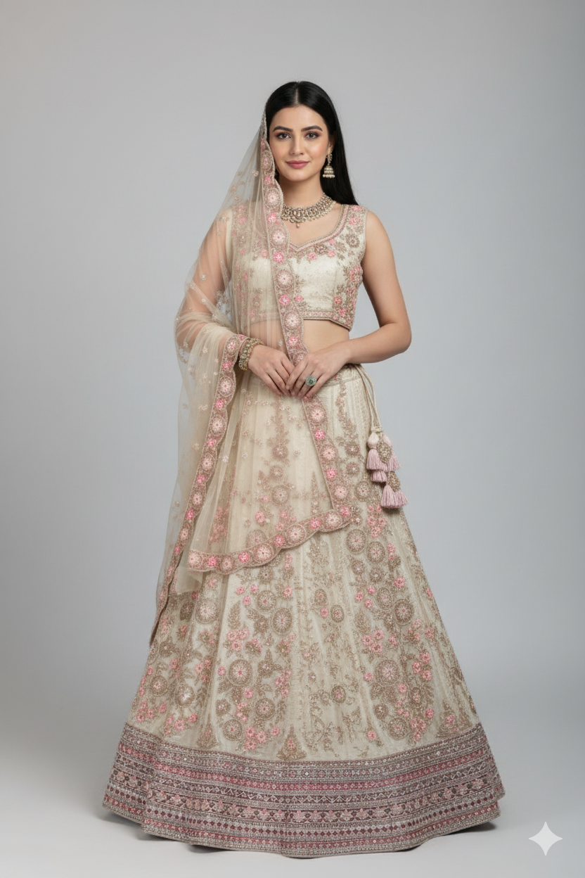 Baby Pink Silk Lehenga with Floral Embroidery