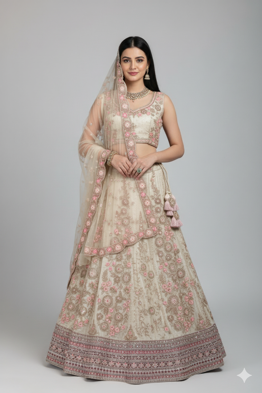 Baby Pink Silk Lehenga with Floral Embroidery