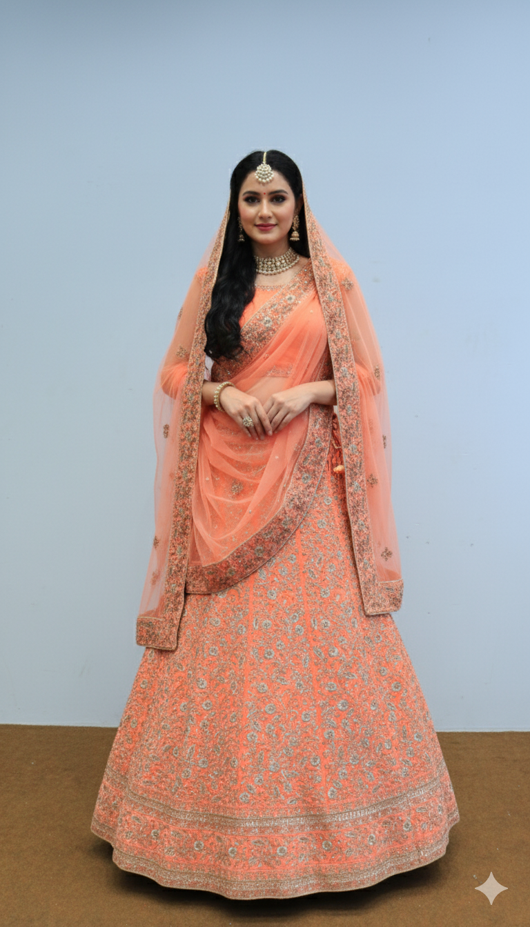 Peach Velvet Lehenga With Silver Work