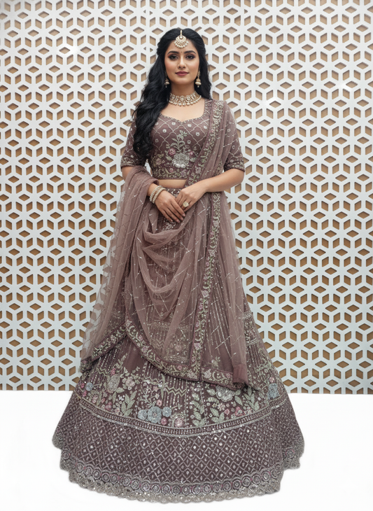 Mauve Pink Floral Embroidery Sequence Work Net Lehenga – Elegant Wedding & Party Wear Lehenga Choli