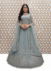 Glacier Cyan Floral Sequence Work Net Lehenga – Elegant Embroidered Wedding & Party Wear Lehenga Choli