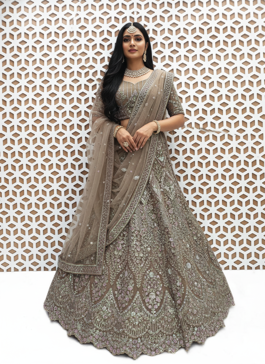 Chiku Abstract Print Lehenga with Mirror work