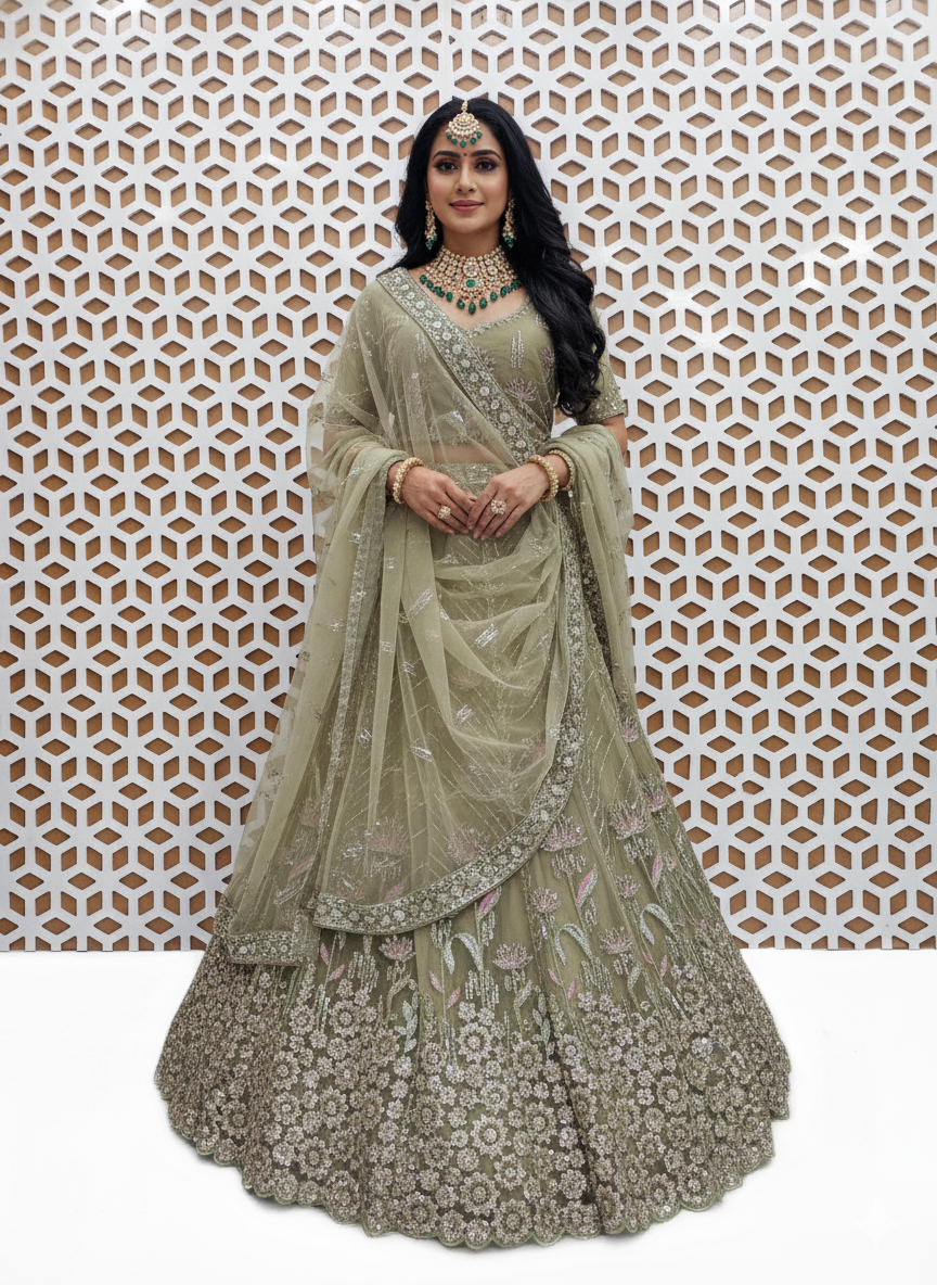 Glacier Cyan Floral Sequence Work Net Lehenga – Elegant Embroidered Wedding & Party Wear Lehenga Choli