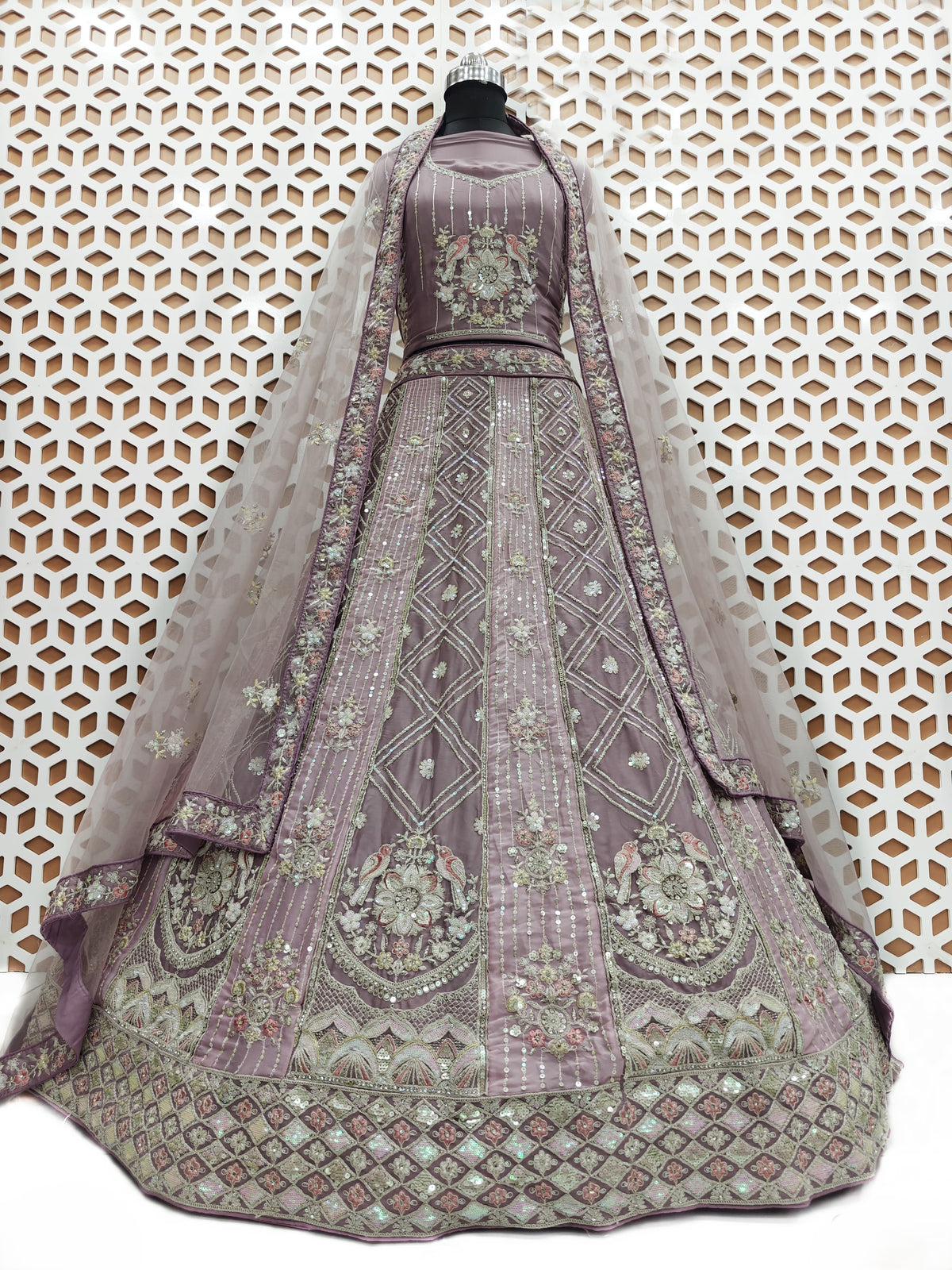 Baby Pink Bird Embroidery Sequence Work Lehenga