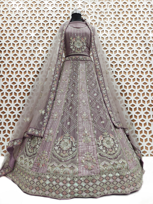 Baby Pink Bird Embroidery Sequence Work Lehenga