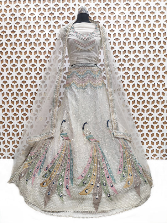 Arctic Blue Peacock Sequence Work Net Lehenga – Elegant Wedding & Party Wear Lehenga Choli