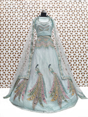Arctic Blue Peacock Sequence Work Net Lehenga – Elegant Wedding & Party Wear Lehenga Choli