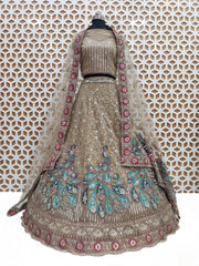 Sea Blue Peacock Embroidery Design Net Lehenga