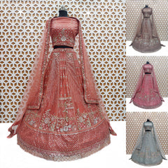 Orange Flower Design Sequence Work with Net Lehenga